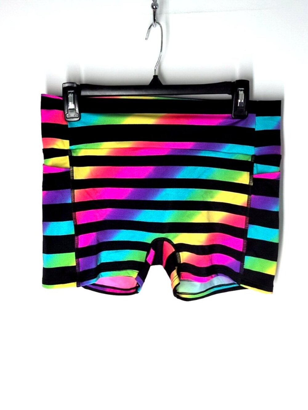 K-Deer black/neon rainbow Anny stripe 3" booty shorts XL yoga gym Pride pockets